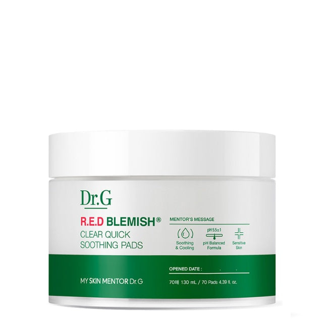 Dr.G Red Blemish Clear Quick Soothing Pads in a 70-count container. These pads contain Centella Asiatica extract to soothe and hydrate irritated skin.