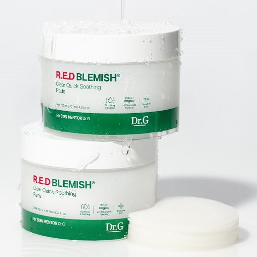 Dr.G Red Blemish Clear Quick Soothing Pads in a 70-count container. These pads contain Centella Asiatica extract to soothe and hydrate irritated skin.