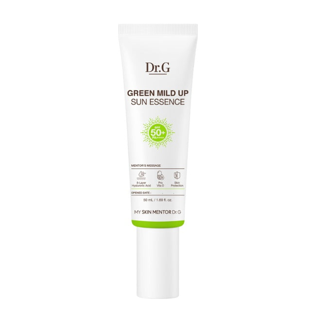 Dr.G Green Mild Up Sun Essence, a lightweight, hydrating sunscreen with SPF50+ PA++++ for sensitive skin. 50ml tube.