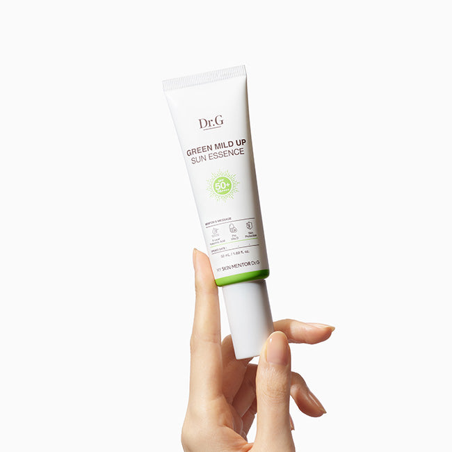 Dr.G Green Mild Up Sun Essence, a lightweight, hydrating sunscreen with SPF50+ PA++++ for sensitive skin. 50ml tube.