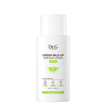 Dr.G Green Mild Up Skin Sun Lotion, 50ml bottle of fragrance-free, vegan sunscreen with SPF50+ protection. Suitable for sensitive skin.