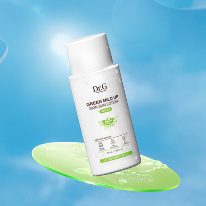 Dr.G Green Mild Up Skin Sun Lotion, 50ml bottle of fragrance-free, vegan sunscreen with SPF50+ protection. Suitable for sensitive skin.