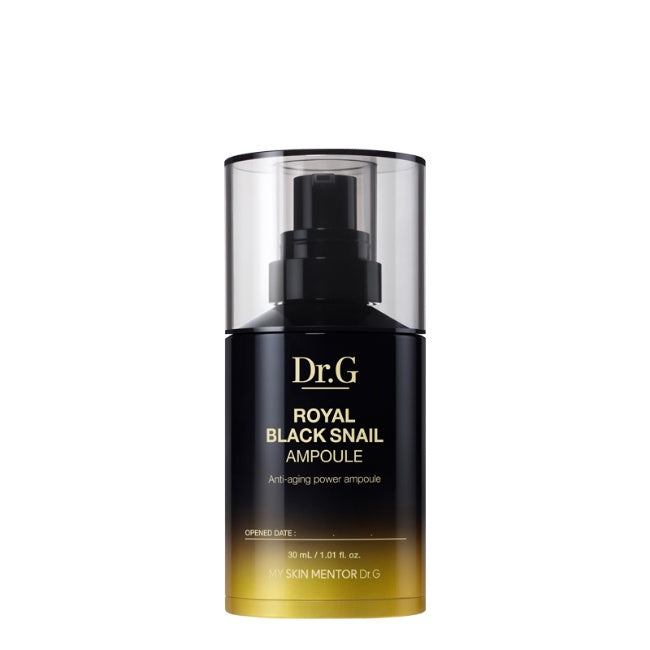 Dr.G Royal Black Snail Ampoule, a 30ml anti-aging ampoule with black snail mucin for improved hydration and elasticity.