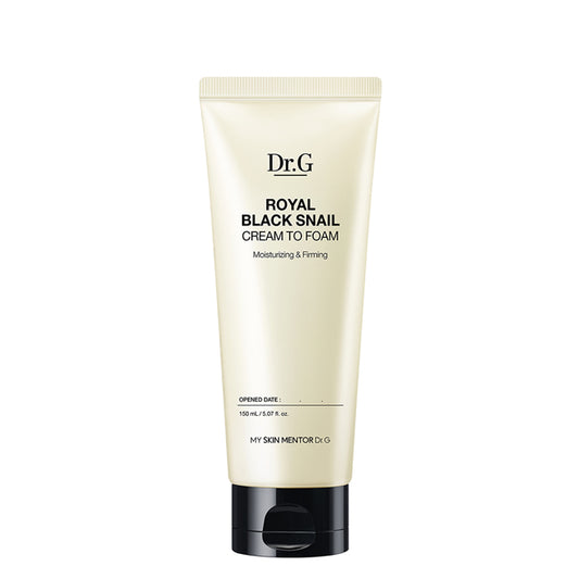 Dr.G Royal Black Snail Cream to Foam, a 150ml tube of Korean skincare cleanser that transforms from cream to foam for gentle cleansing and moisturization.