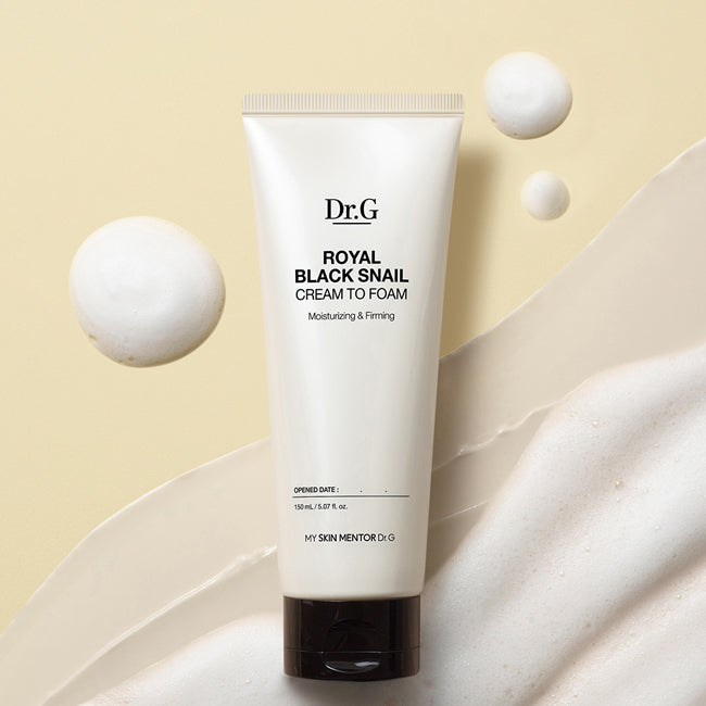 Dr.G Royal Black Snail Cream to Foam, a 150ml tube of Korean skincare cleanser that transforms from cream to foam for gentle cleansing and moisturization.