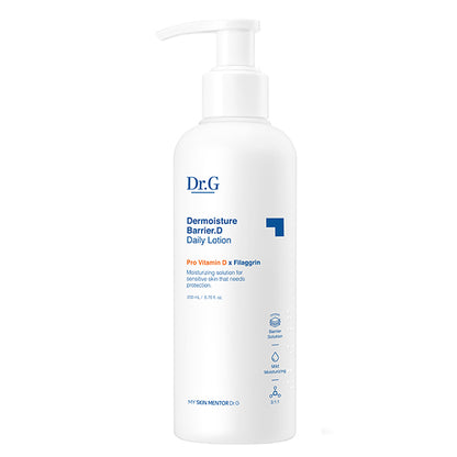 Dr.G Dermoisture Barrier D Daily Lotion, 200ml bottle. This hypoallergenic lotion hydrates and strengthens the skin barrier for all skin types, including sensitive skin.