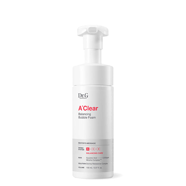 Dr.G A'Clear Balancing Bubble Foam, 150ml bottle of foaming cleanser for acne-prone skin.