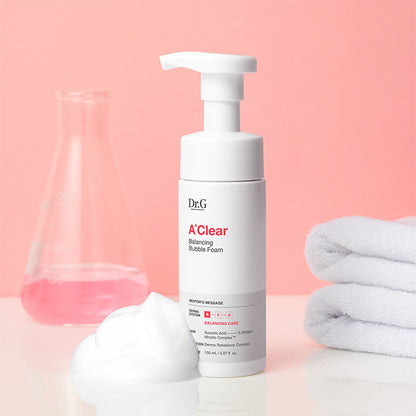 Dr.G A'Clear Balancing Bubble Foam, 150ml bottle of foaming cleanser for acne-prone skin.