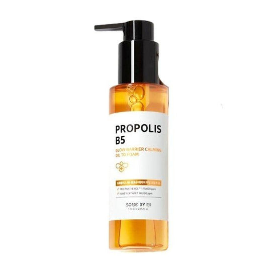 A 120ml bottle of Some By Mi Propolis B5 Glow Barrier Calming Oil To Foam, a honey-like cleanser that transforms into a foamy wash.