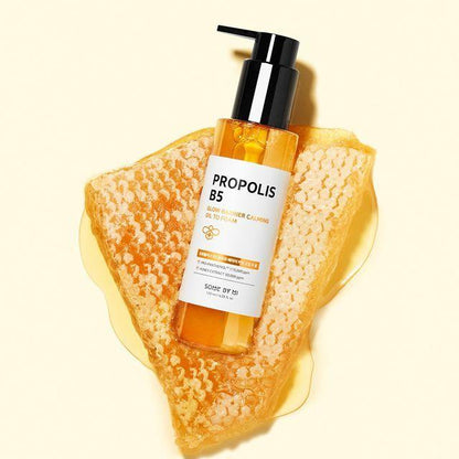 A 120ml bottle of Some By Mi Propolis B5 Glow Barrier Calming Oil To Foam, a honey-like cleanser that transforms into a foamy wash.