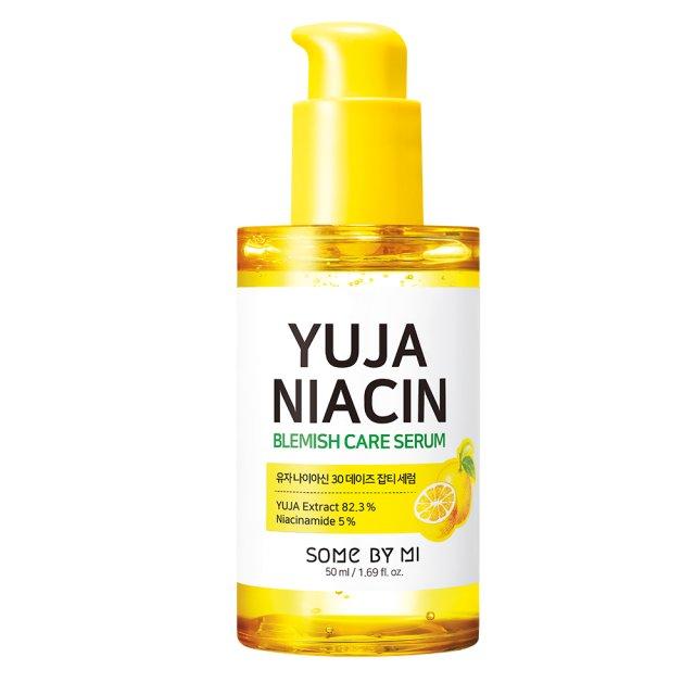 50ml bottle of SOME BY MI Yuja Niacin Anti Blemish Care Serum, a lightweight, fragrance-free facial serum suitable for sensitive skin. It contains yuja extract and niacinamide to brighten and improve skin texture.