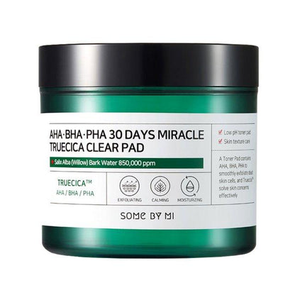 Some By Mi AHA, BHA, PHA 30 Days Miracle Truecica Clear Pad in a 70-count container. These pre-soaked cotton pads contain a blend of alpha hydroxy acids (AHAs), beta hydroxy acids (BHAs), and polyhydroxy acids (PHAs) to gently exfoliate dead skin cells, unclog pores, and promote skin renewal.  pen_spark