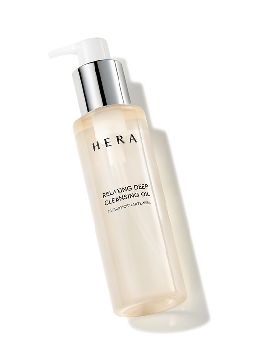 A 200ml bottle of HERA Relaxing Deep Cleansing Oil, a skincare product for removing makeup and cleansing the face.