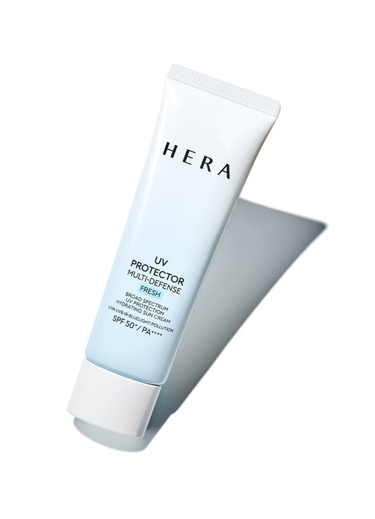 Hera UV Protector Multi-defense Fresh 50ml, a lightweight, hydrating sunscreen with SPF50+ PA++++ protection. Offers broad spectrum UVA/UVB defense and shields skin from urban pollutants.