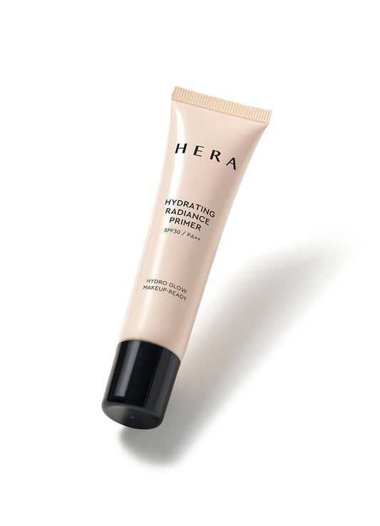 A 35ml bottle of Hera Hydrating Radiance Primer, a makeup product that helps create a smooth and radiant canvas for makeup application.