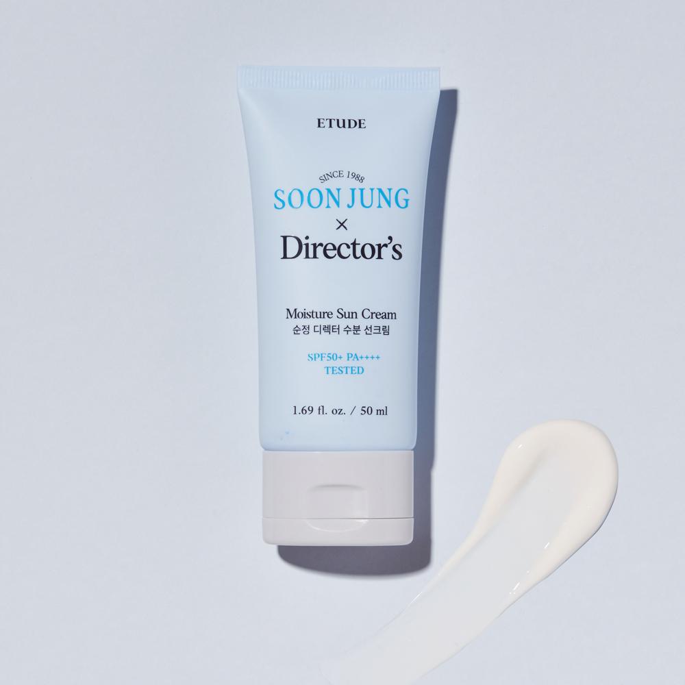 Etude House Soon Jung Director's Moisture Sun Cream, a 50ml bottle of lightweight, hypoallergenic sunscreen with SPF50+ PA++++ for all skin types. Contains Centella Asiatica and Madecassoside for hydration and soothing.