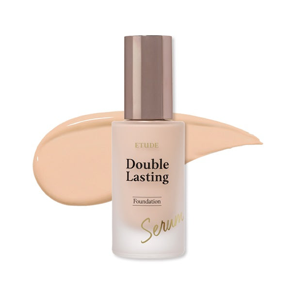 Etudehouse Double Lasting Serum Skin Foundation, a 30g bottle of liquid foundation in shade No. 21C1 Petal, a light beige color with cool undertones for a natural finish.