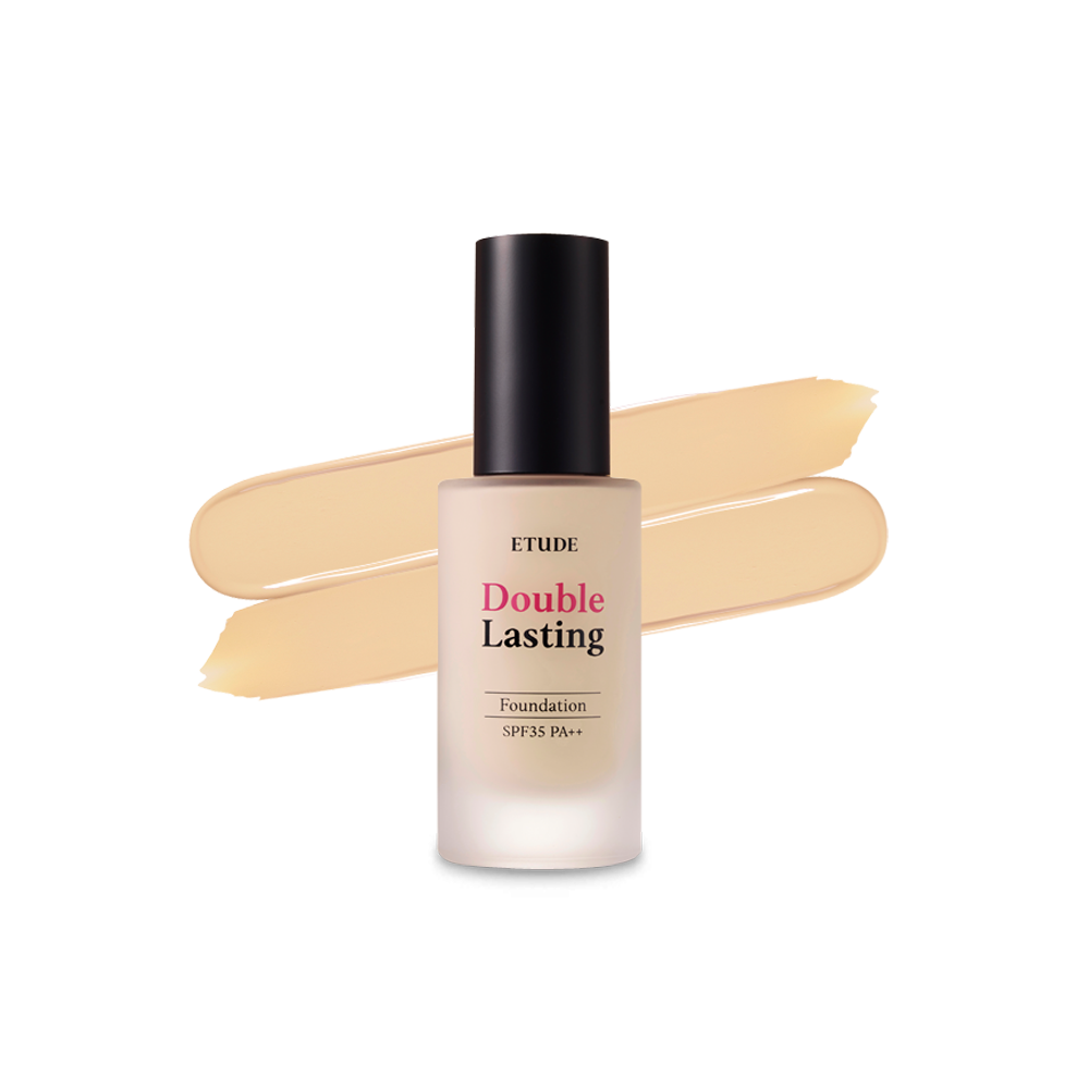 A 30g bottle of Etudehouse Double Lasting Foundation in shade No. 21W1 Beige. No. 21W1 Beige is a light beige color suitable for fair skin tones.