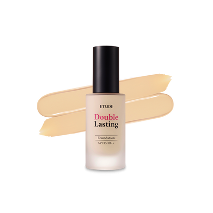 A 30g bottle of Etudehouse Double Lasting Foundation in shade No. 21W1 Beige. No. 21W1 Beige is a light beige color suitable for fair skin tones.