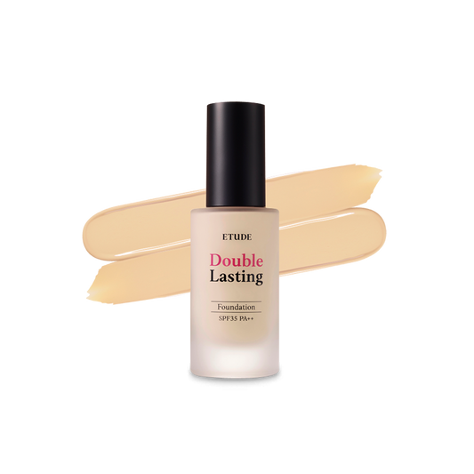 A 30g bottle of Etudehouse Double Lasting Foundation in shade No. 21W1 Beige. No. 21W1 Beige is a light beige color suitable for fair skin tones.