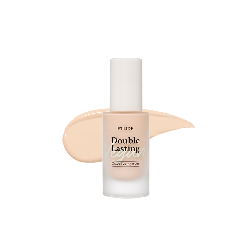 Vegan, long-lasting coverage foundation from Etudehouse in No. 17C1 Light Vanilla, a light beige shade with cool undertones. 30g size.