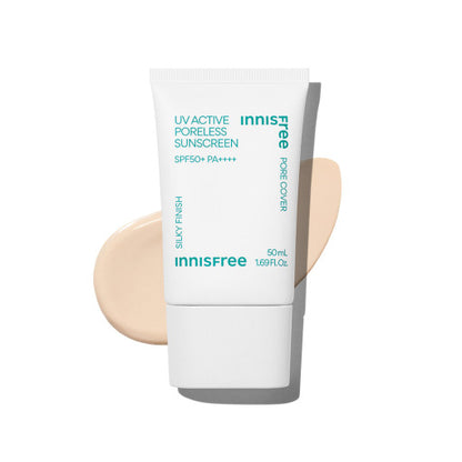 Innisfree UV Active Poreless Sunscreen bottle, 50ml. SPF50+ PA++++ for broad spectrum sun protection. Lightweight, oil-free formula helps minimize pores.