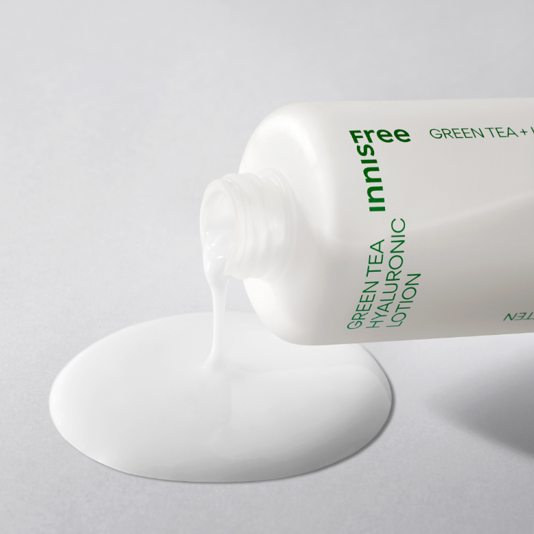 Innisfree Green Tea Hyaluronic Lotion 170ml bottle. A white plastic bottle with green text label. The label features the Innisfree brand logo and text describing it as Green Tea Hyaluronic Lotion.