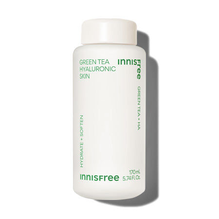 170ml bottle of Innisfree Green Tea Hyaluronic Skin, a facial toner with green tea and hyaluronic acid.