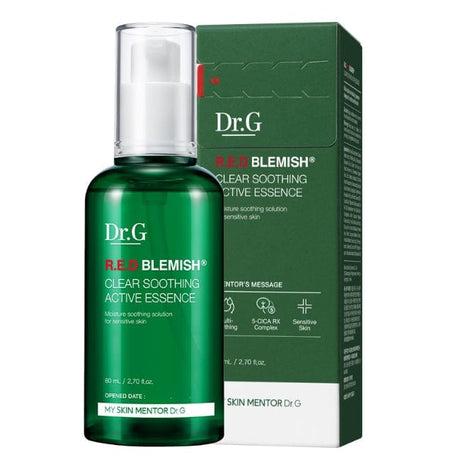 Dr.G Red Blemish Clear Soothing Active Essence, an 80ml bottle of calming essence for irritated, acne-prone skin.