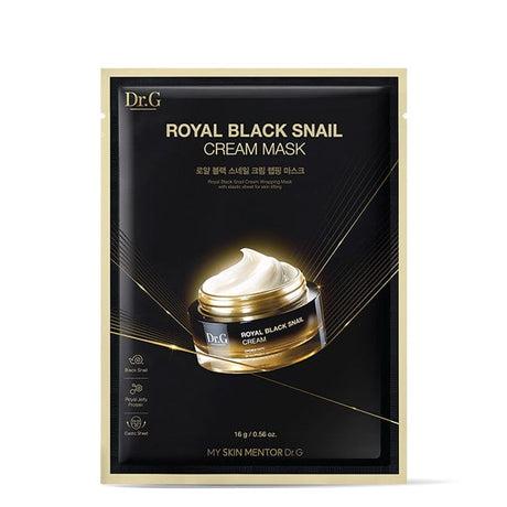 Dr.G DRoyal Black Snail Cream Mask in single-use packaging, formulated with black snail mucin and royal jelly protein for nourishing and lifting tired skin.