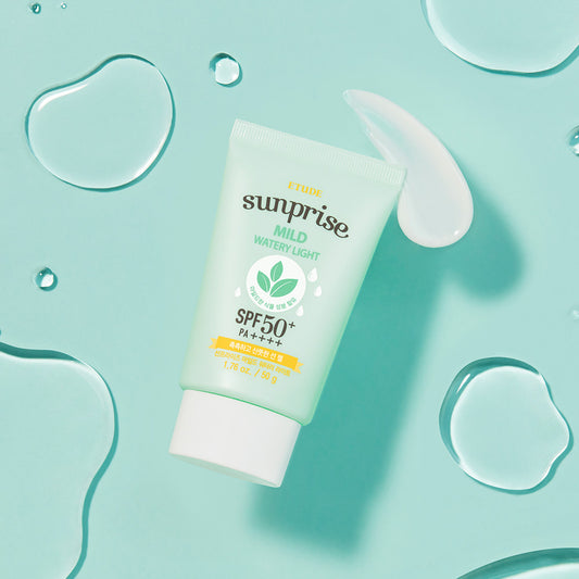 A 50ml tube of Etude House Sunprise Mild Watery Light Sunscreen. This lightweight, water-based sunscreen offers SPF50+ UVA and UVB protection and is formulated with hydrating plant extracts.