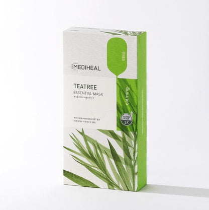 Box containing 10 individual MediHeal Teatree Essential Masks, facial sheet masks formulated with tea tree extract to soothe and clarify skin. 