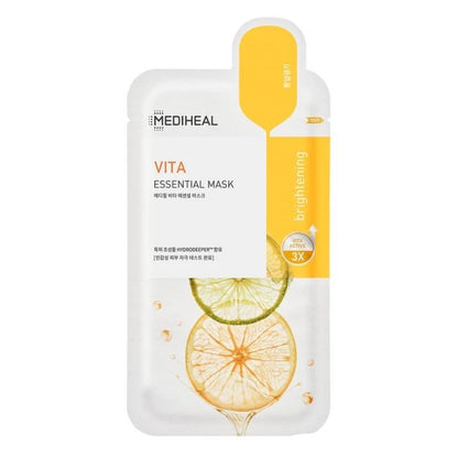 Close-up of a Mediheal Vita Essential Mask, a Korean sheet mask designed to revitalize and brighten skin.