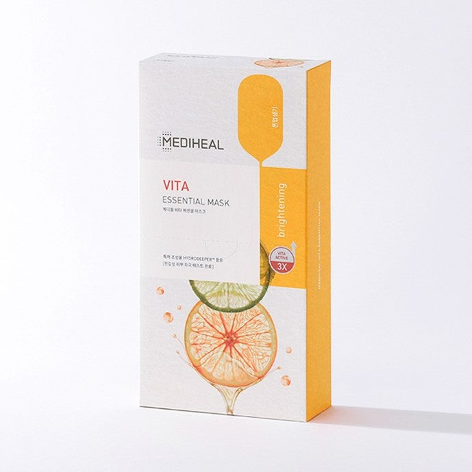 Box containing 10 Mediheal Vita Essential Masks, facial sheet masks for a brighter and more radiant complexion.