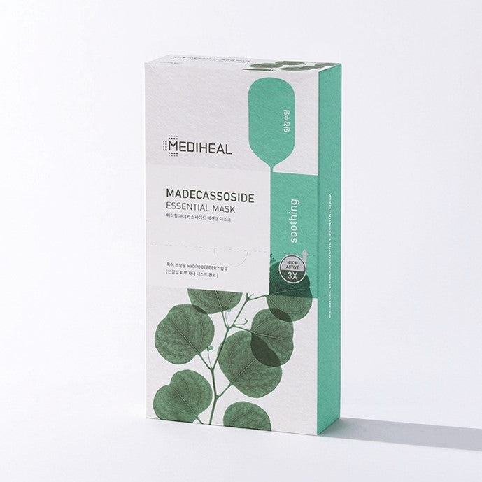 Box of 10 Mediheal Madecassoside Essential Masks, facial masks containing centella asiatica extract to soothe and repair skin.