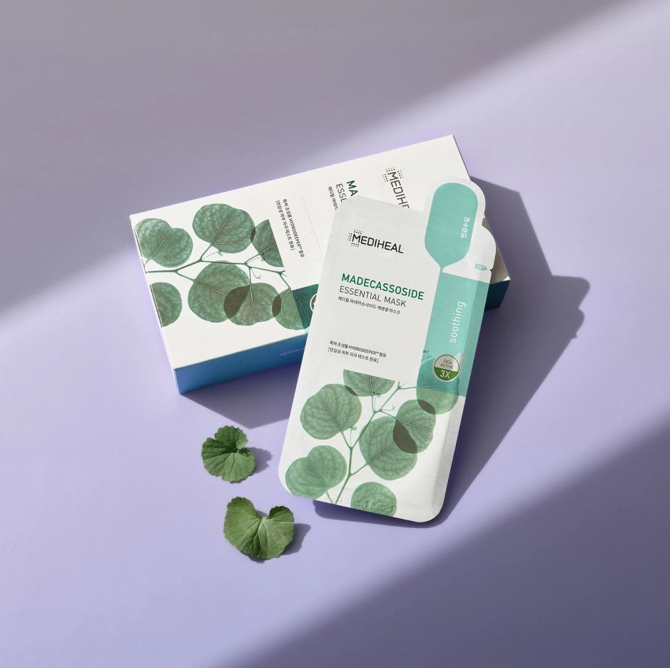 Box of 10 Mediheal Madecassoside Essential Masks, facial masks containing centella asiatica extract to soothe and repair skin.