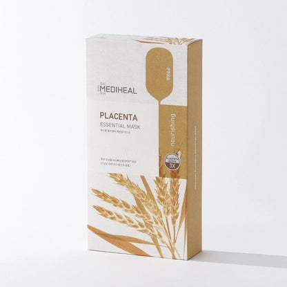 Box of 10 Mediheal Placenta Essential Mask sheets, a facial skincare treatment with plant-based placenta extract for revitalized skin.