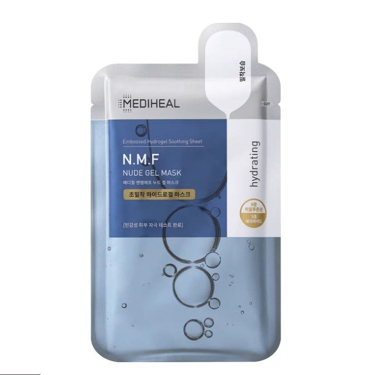 Hydrating facial mask by Mediheal, N.M.F. Nude Gel Mask, comes in a box of 10 for a refreshing skincare routine.