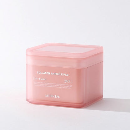 A box of Mediheal Collagen Ampoule Pads, containing 100 square cotton pads soaked in collagen essence for moisturizing and reducing signs of aging.