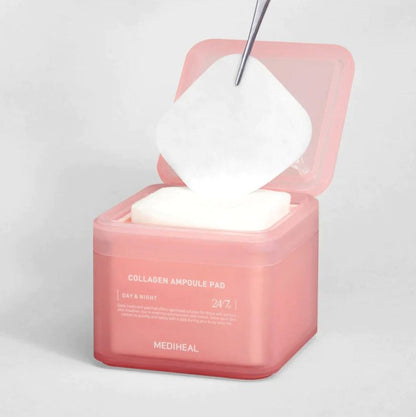 A box of Mediheal Collagen Ampoule Pads, containing 100 square cotton pads soaked in collagen essence for moisturizing and reducing signs of aging.