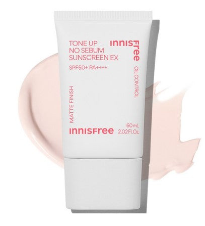 Innisfree Tone Up No Sebum Sunscreen SPF50+ PA++++ 60ml. Pink tone-up sunscreen for oily skin. Controls shine and protects from UV rays.