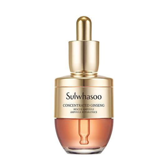 Sulwhasoo Concentrated Ginseng Rescue Ampoule, a 20g glass vial containing a ginseng-based formula to soothe and improve resilience of stressed skin.