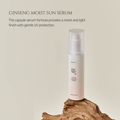 50ml white pump bottle of Beauty of Joseon Ginseng Moist Sun Serum with ginseng extract for moisture and sun protection