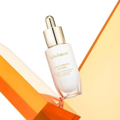 Sulwhasoo Concentrated Ginseng Brightening Spot Ampoule (20g) is a skincare product designed to reduce the appearance of dark spots and brighten skin tone. It contains concentrated ginseng extract.