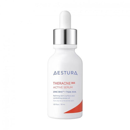 30ml white and red bottle of Aestura Theracne365 Active Serum on a white background, suitable for oily or acne-prone skin types.