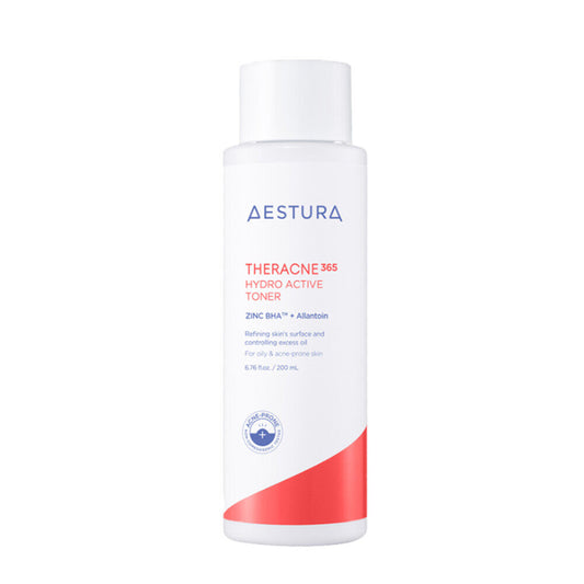 White and red bottle, Aestura Theracne Hydro Active Toner, 200ml. This toner hydrates and exfoliates acne-prone skin