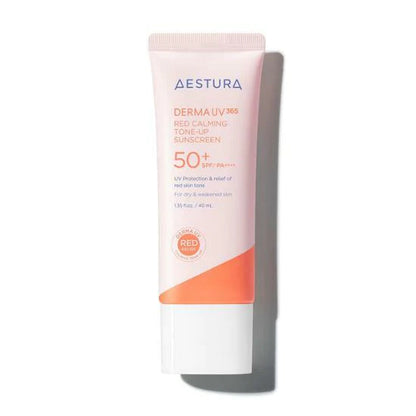 40ml pink tube of Aestura Derma UV365 Red Calming Tone-Up Sunscreen, fragrance-free, mineral and chemical sunscreen for sensitive skin with redness