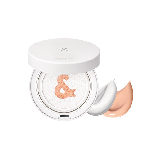 rom&nd Back Me Tone Up Sun Cushion, a lightweight, vegan cushion foundation with SPF50+ protection for a natural, brightened complexion.