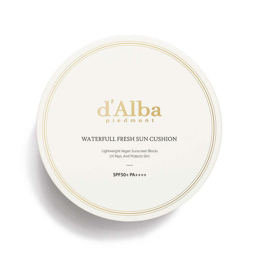 d'Alba Waterfull Fresh Sun Cushion, a 25g moisturizing sunscreen cushion for light, refreshing sun protection.