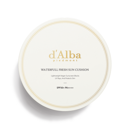 d'Alba Waterfull Fresh Sun Cushion, a 25g moisturizing sunscreen cushion for light, refreshing sun protection.